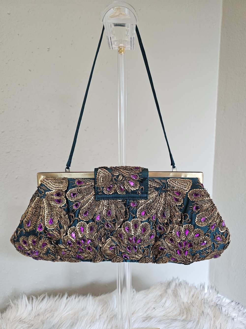 Vintage Santi Teal Satin Purple & Gold Beaded Evening Clutch Bag Fairycore - Picture 2 of 14